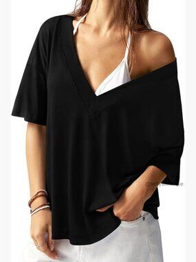 Oversized V-Neck Tee Drop Shoulder Loose Fit Shirt Spring Summer Top